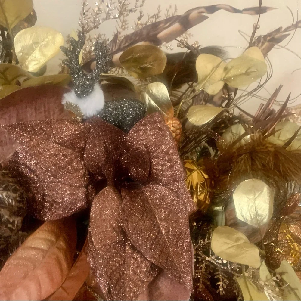 New Large 32” Elegant Floral Christmas Bronze Gold Luxury Wreath With Lights